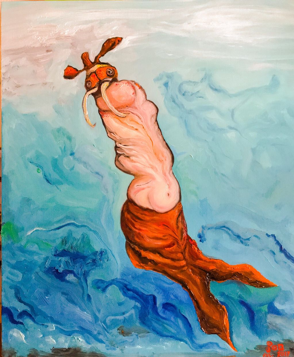 Surreal painting of a walrus-like creature with a human torso swimming in blue water.