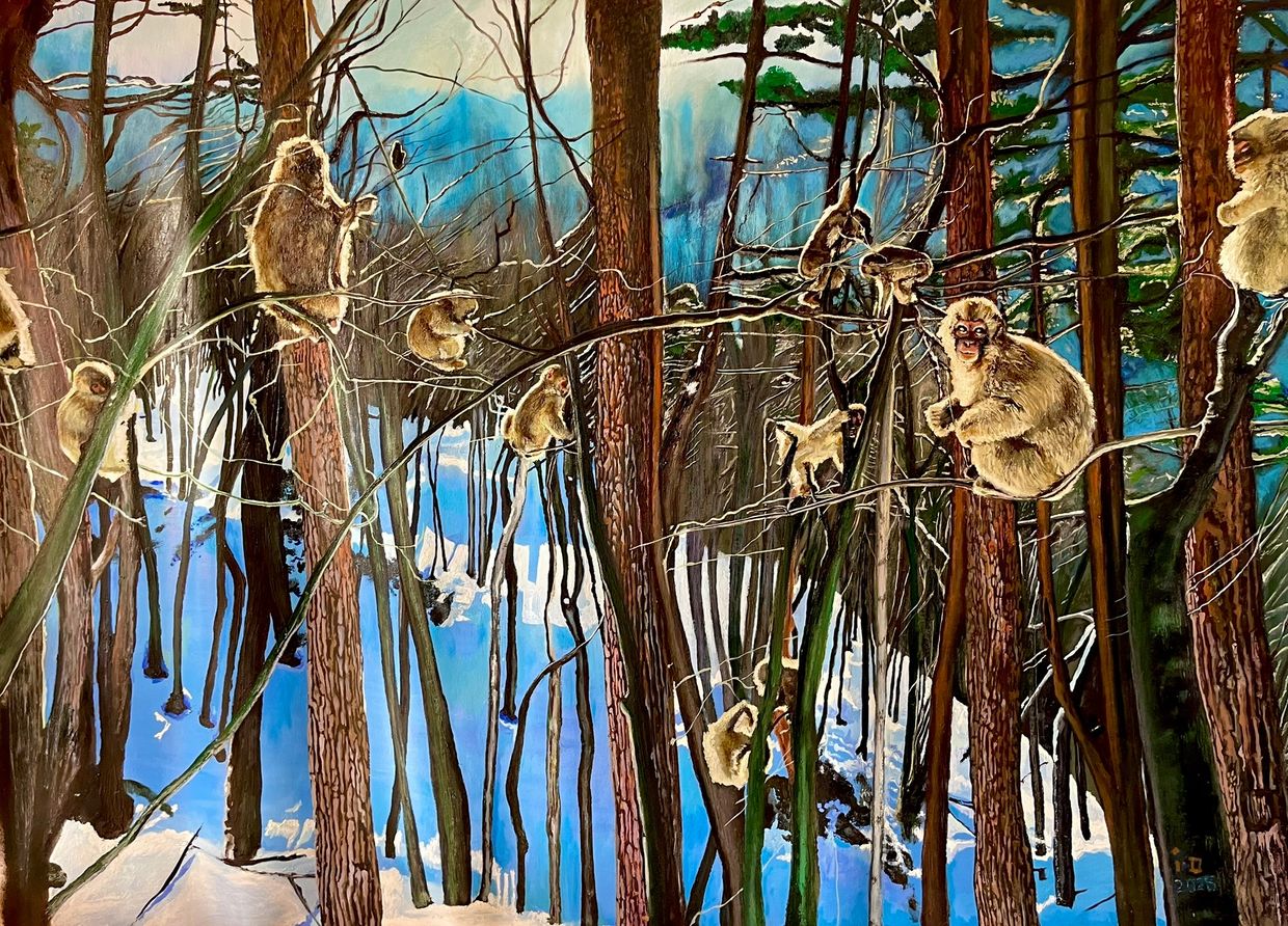 A group of monkeys perched on tree branches in a snowy forest.