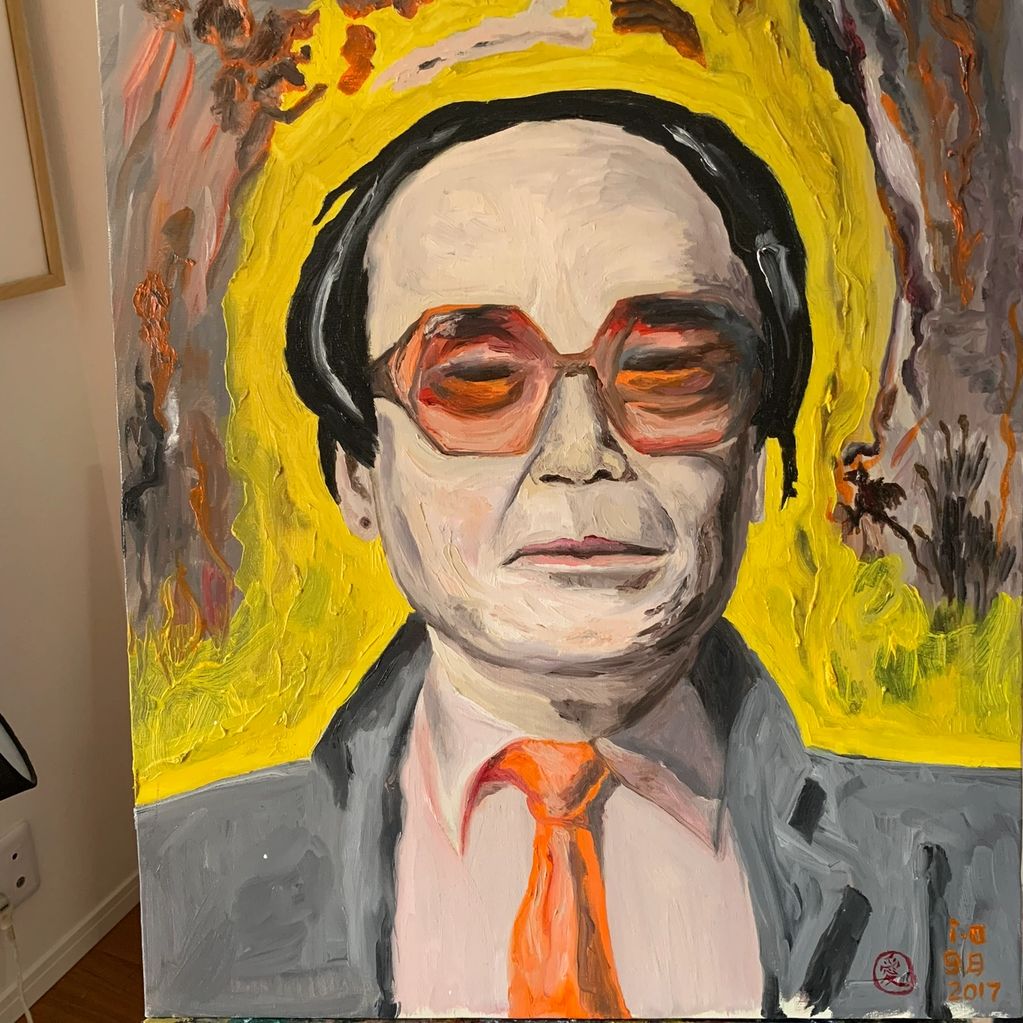 Oil painting portrait of a man with red glasses and an orange tie.