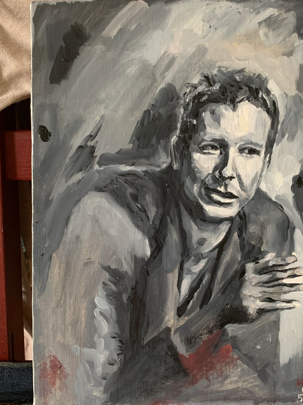 Black-and-white painting of a man leaning on a surface, looking contemplative.