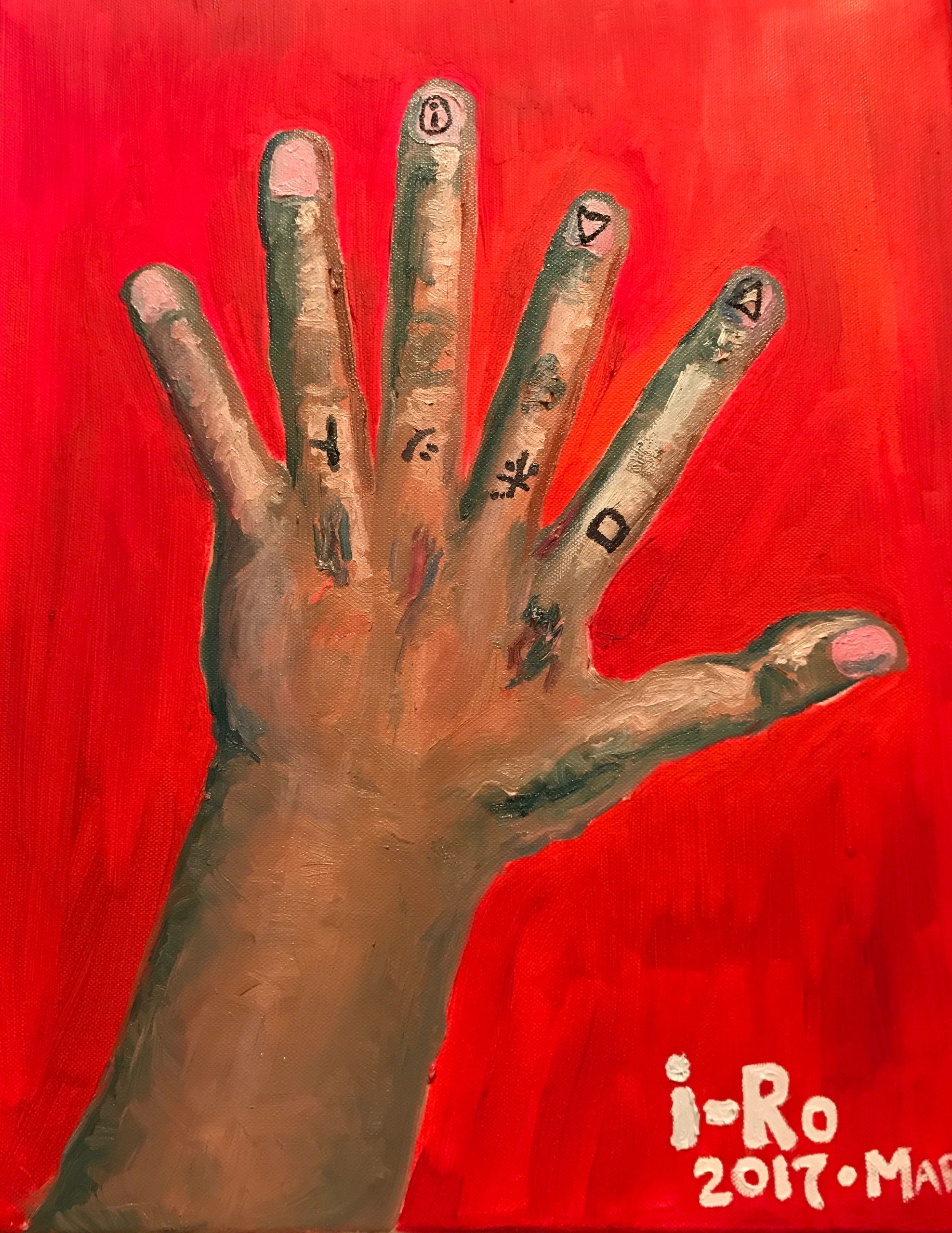 Painting of a hand with symbols on fingers against a red background.