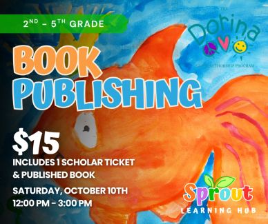 Book Publishing graphic with a hand drawn orange fish with blue background. 