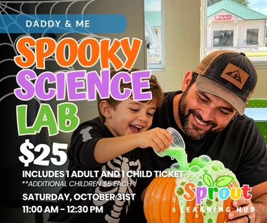 Father and son doing a pumpkin stem experiment. 
