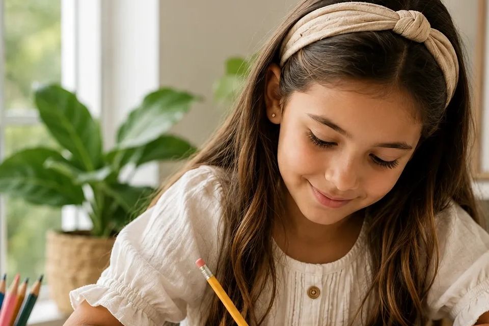 Young girl happily writing in a notebook at a bright desk.