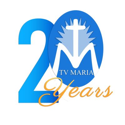 Logo celebrating 20 years of TV Maria with a blue and white design.
