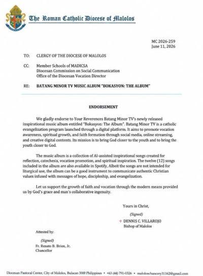 Endorsement letter for Batang Minor TV's music album from the Roman Catholic Diocese of Malolos.