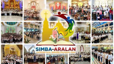 Collage of diverse groups in church settings for SIMBA-ARALAN 2024 summer catechetical program.