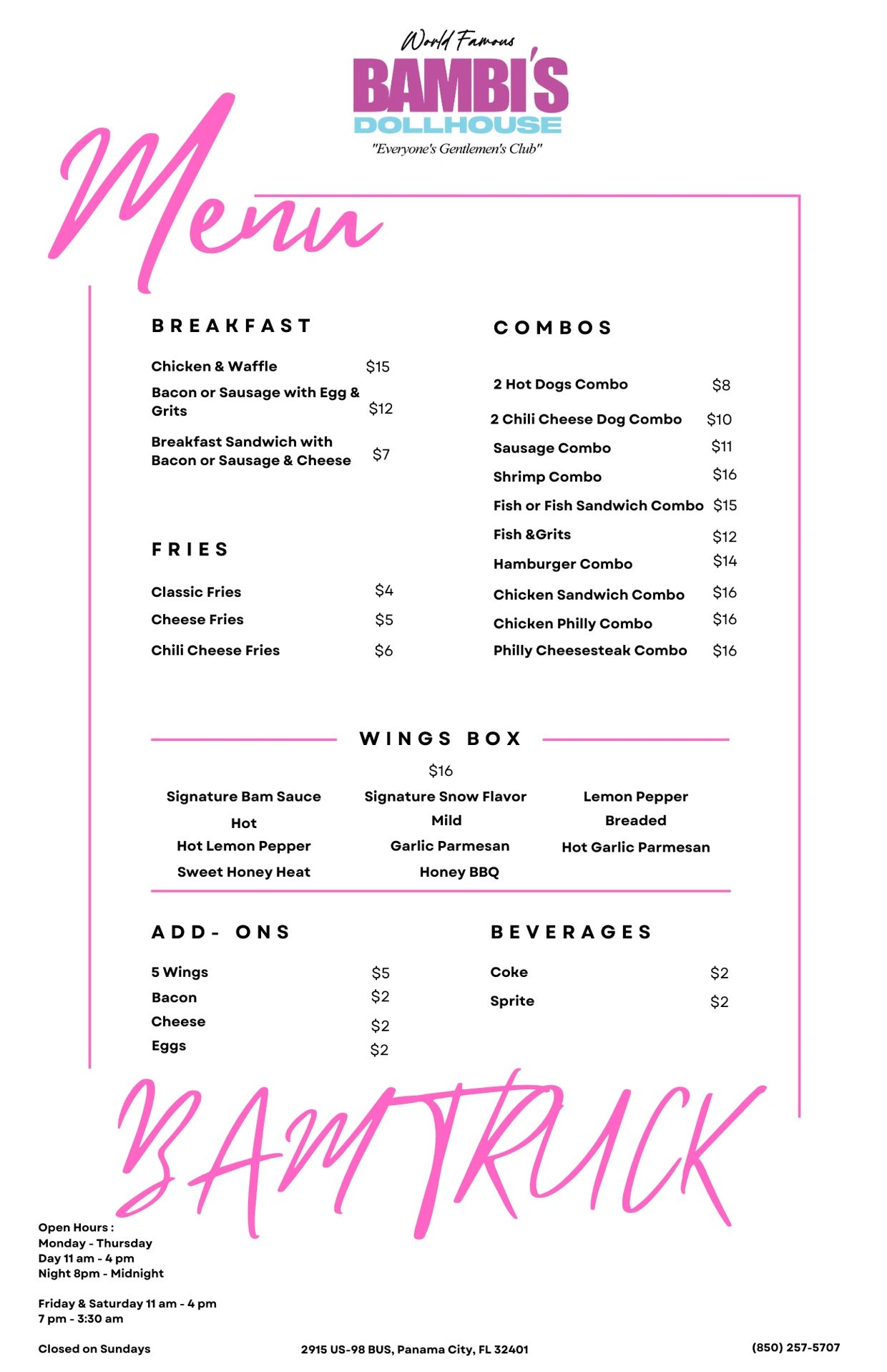 The BAM Food Truck menu.  Includes hours