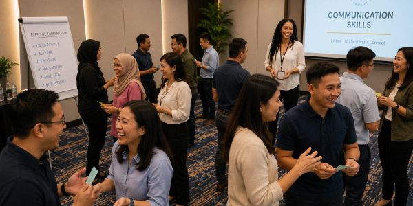 People interacting and smiling during a communication skills workshop.
