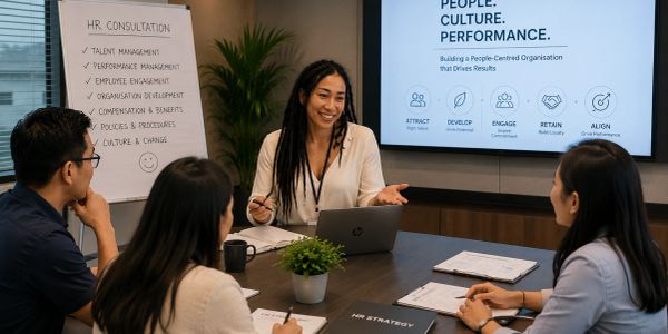 Team discussing HR strategies in a meeting room.