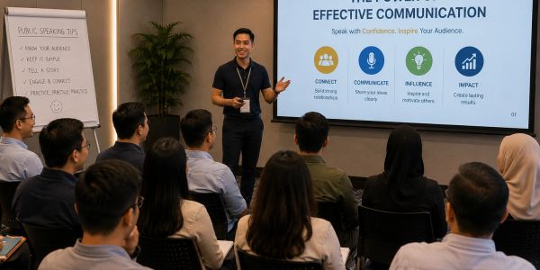 Man giving a presentation on effective communication.
