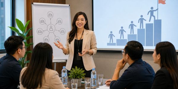 Businesswoman giving a presentation to a team.