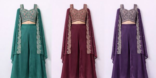 Three traditional Indian outfits in green, maroon, and purple with intricate embroidery.