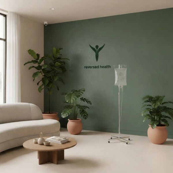 Minimalist wellness lounge with plants and IV drip stand against green wall.