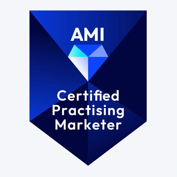 AMI Certified Practising Marketer badge with blue geometric heart design.
