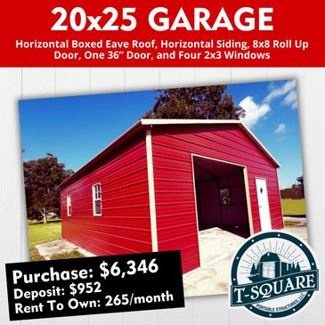 Red 20x25 garage with horizontal siding and multiple windows.