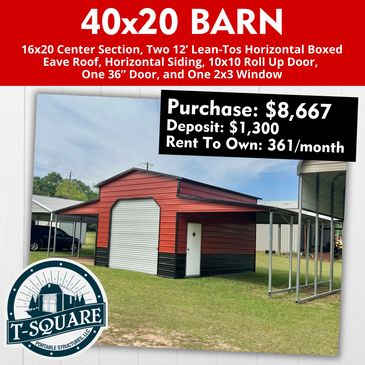 40x20 barn with roll-up door and lean-tos, priced at $8,667 with rent-to-own option.