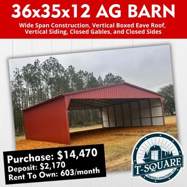 A large 36x35x12 red ag barn with wide span construction and closed sides.