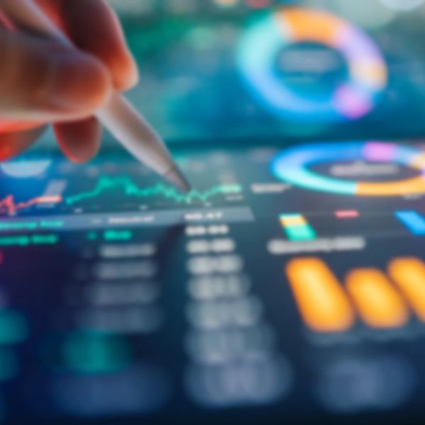 Hand pointing a pen at a digital financial dashboard with charts and data.