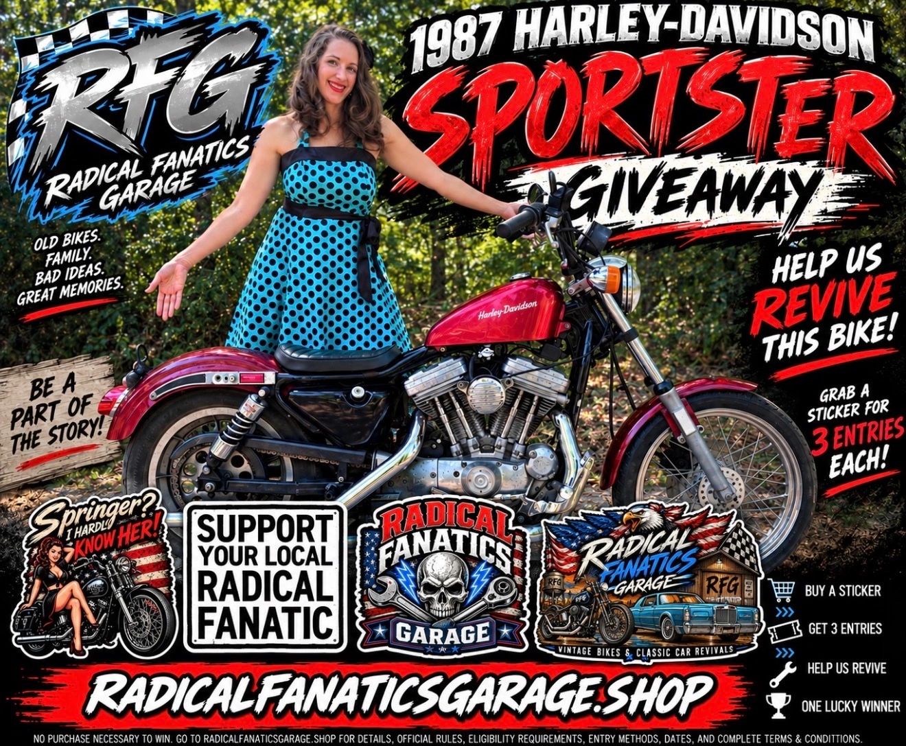 1987 Harley-Davidson Sportster giveaway with a woman in a blue polka dot dress.