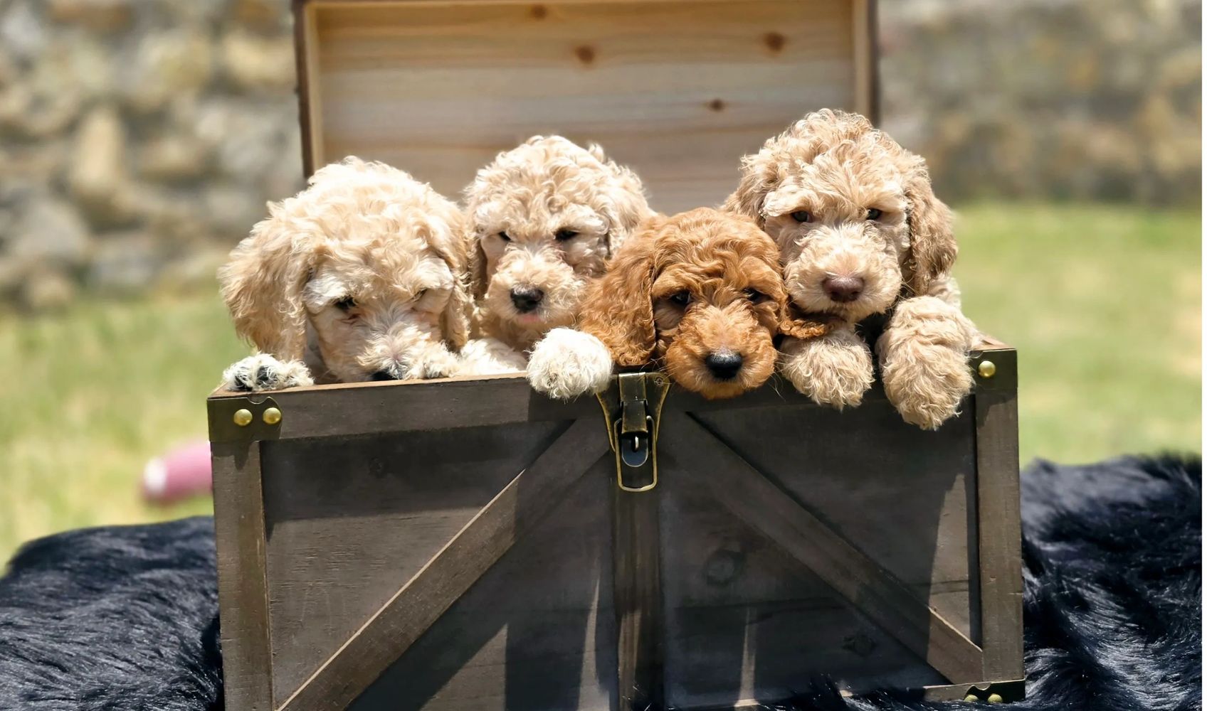 Four adorable curly-haired puppies peeking out of a wooden chest outdoors.