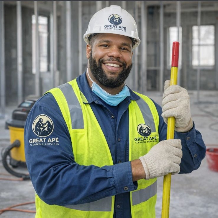 Smiling cleaning worker in safety gear holding a mop in a construction site.