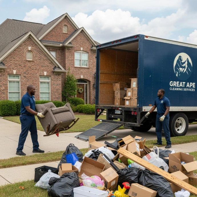 Two movers from Great Ape Cleaning Services loading furniture and trash into a truck.