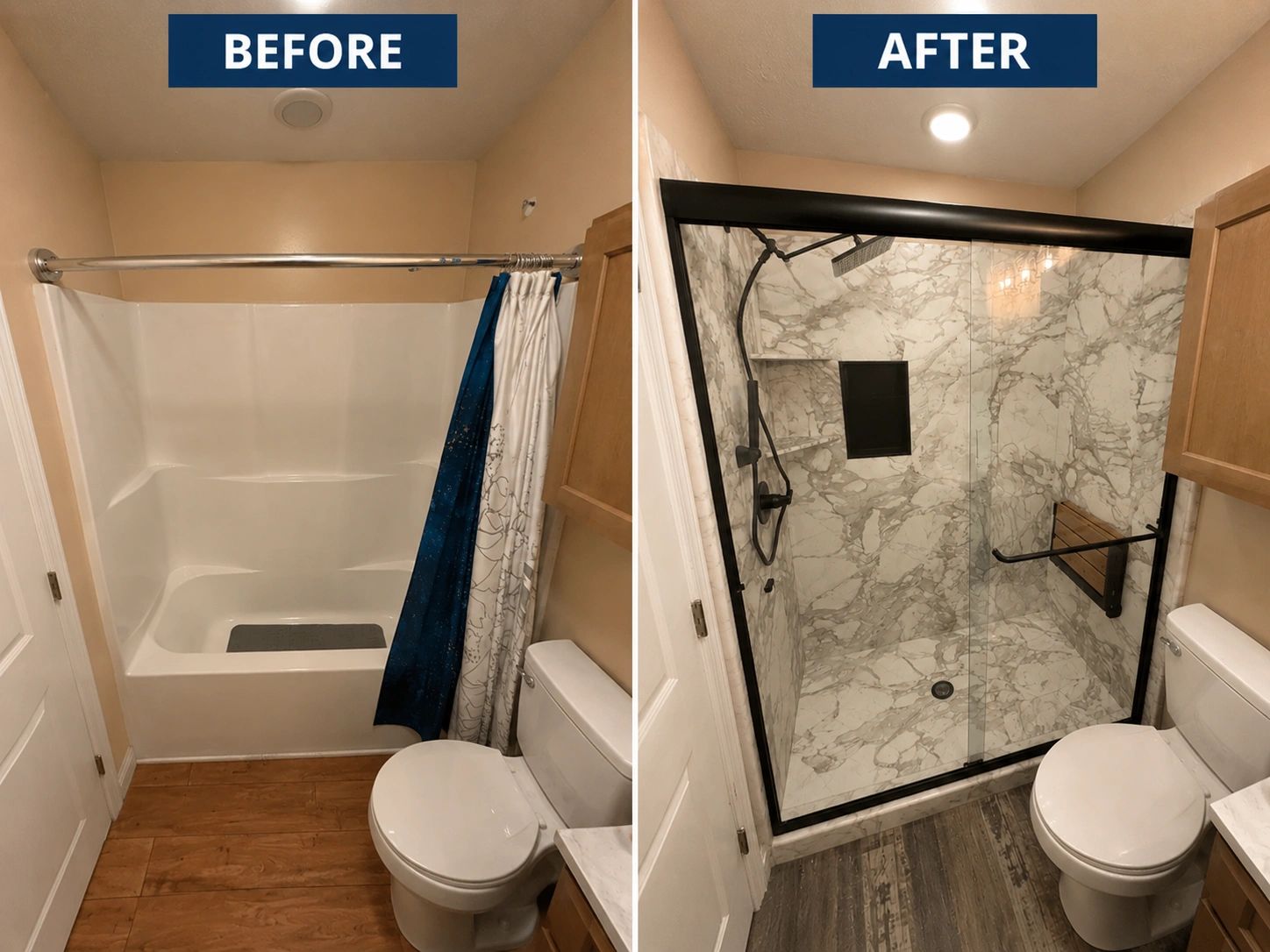 Bathroom renovation with new glass shower enclosure.
