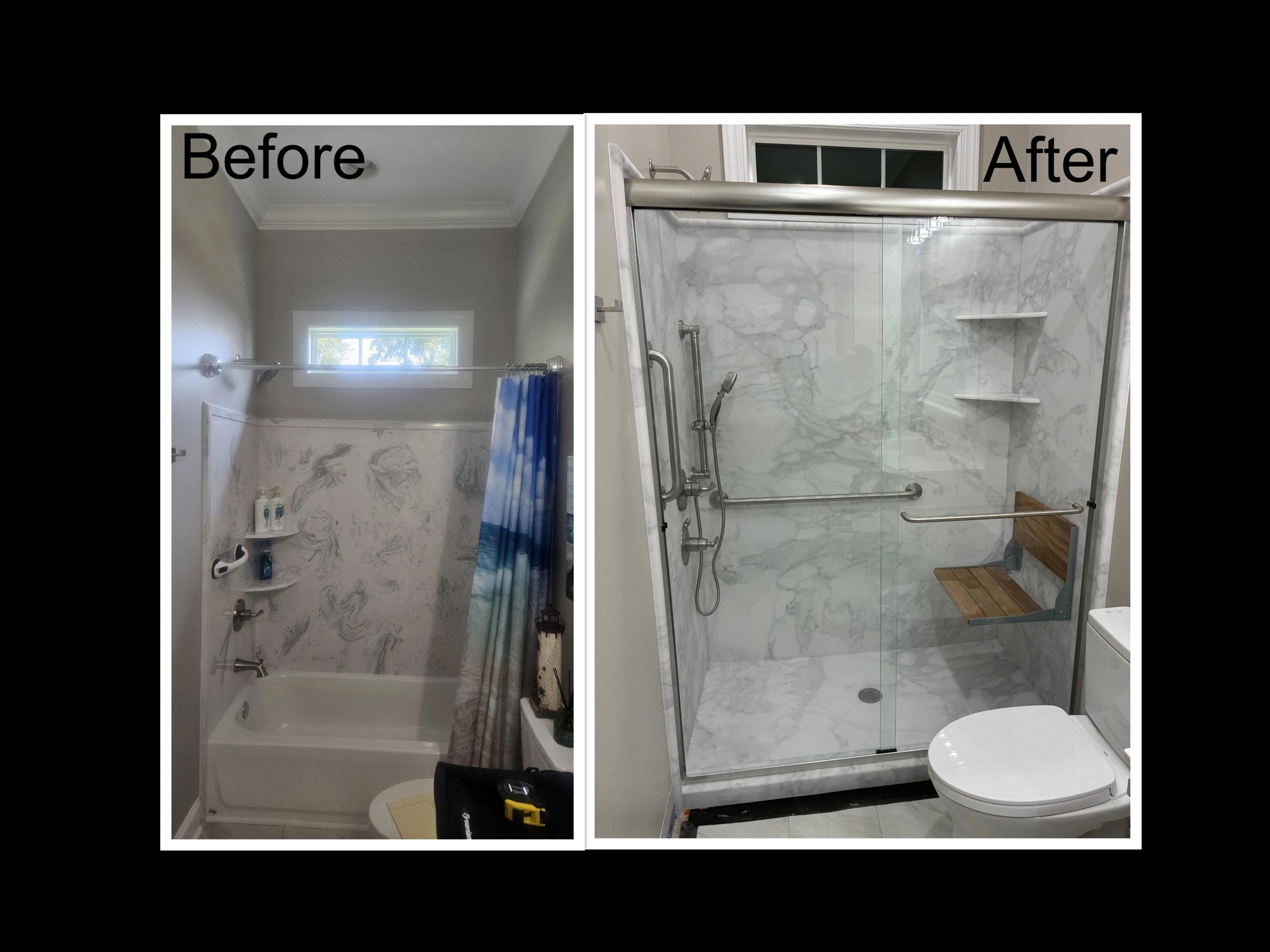 Bathroom shower remodel from tub and curtain to glass door and bench.