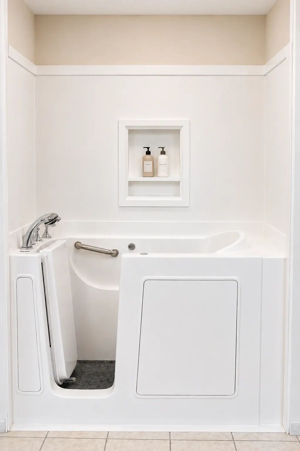 A modern walk-in bathtub with a white interior and a built-in shelf.