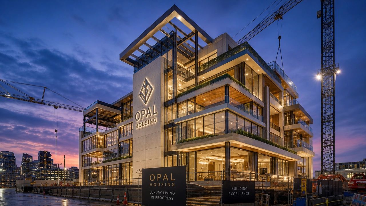 Modern Opal Housing building with illuminated glass walls at dusk.