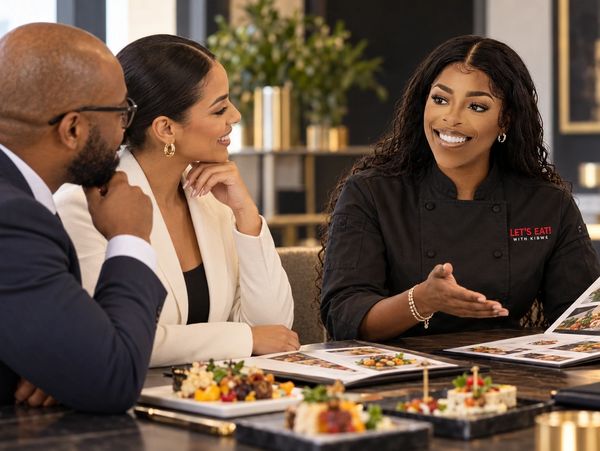 Chef presenting a menu to clients in a restaurant.