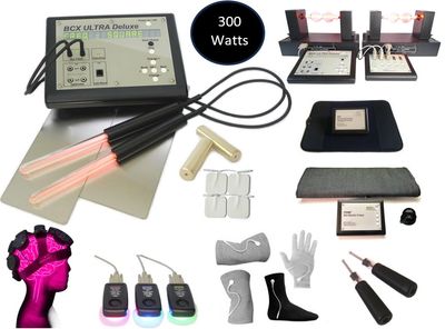 Comprehensive BCX Ultra Deluxe electrotherapy kit with electrodes and accessories.