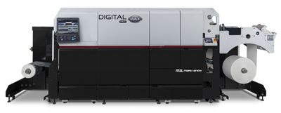 A modern digital printing machine with rolls of paper on each side.