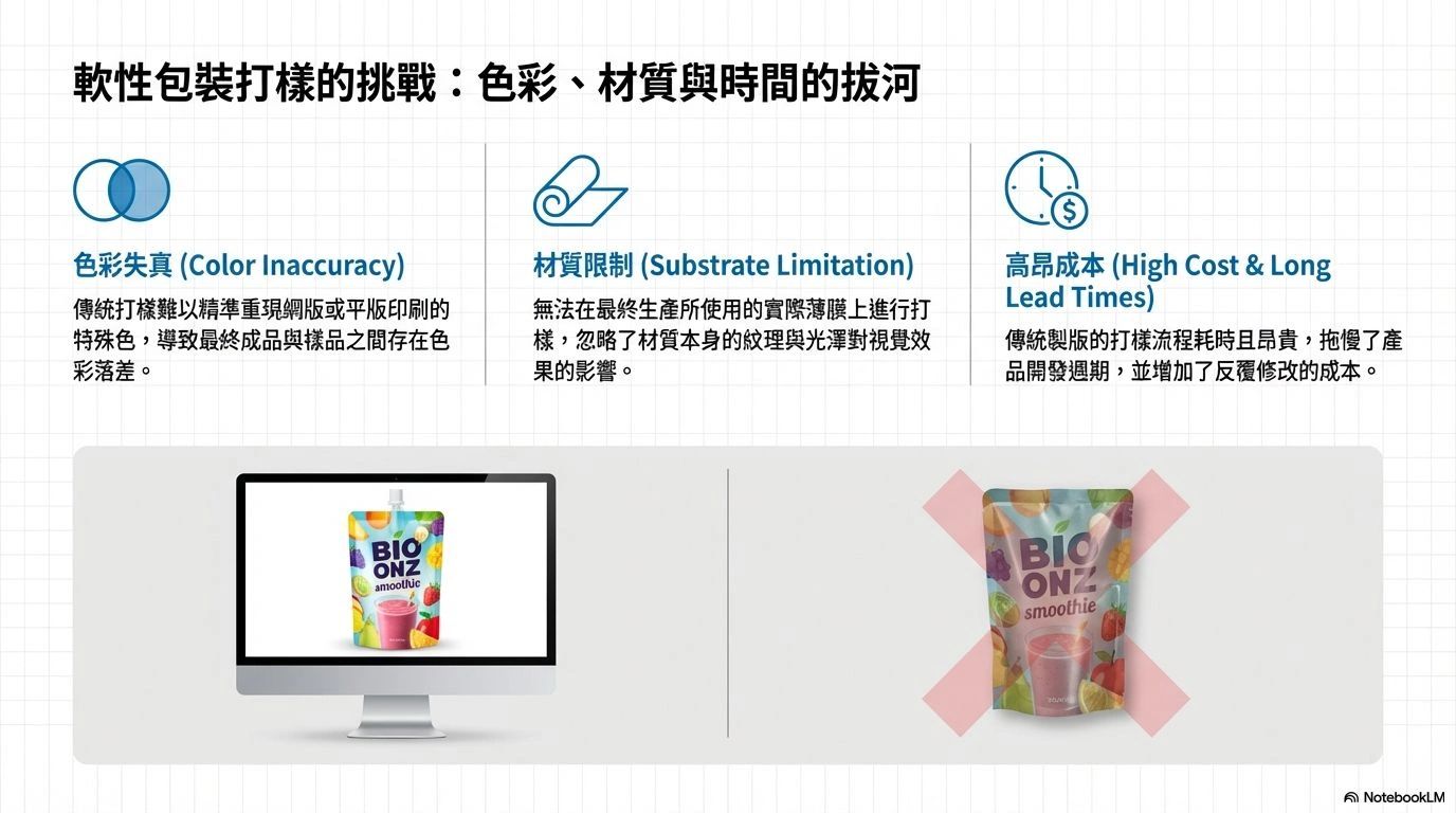 軟性包裝打樣挑戰包括色彩失真、材質限制與高昂成本。