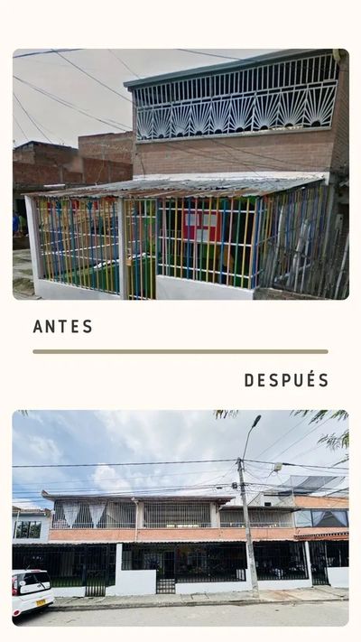 Before and after images of a home's exterior renovation with updated fencing and facade.