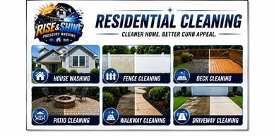 Residential cleaning services including house, fence, deck, patio, walkway, and driveway cleaning.