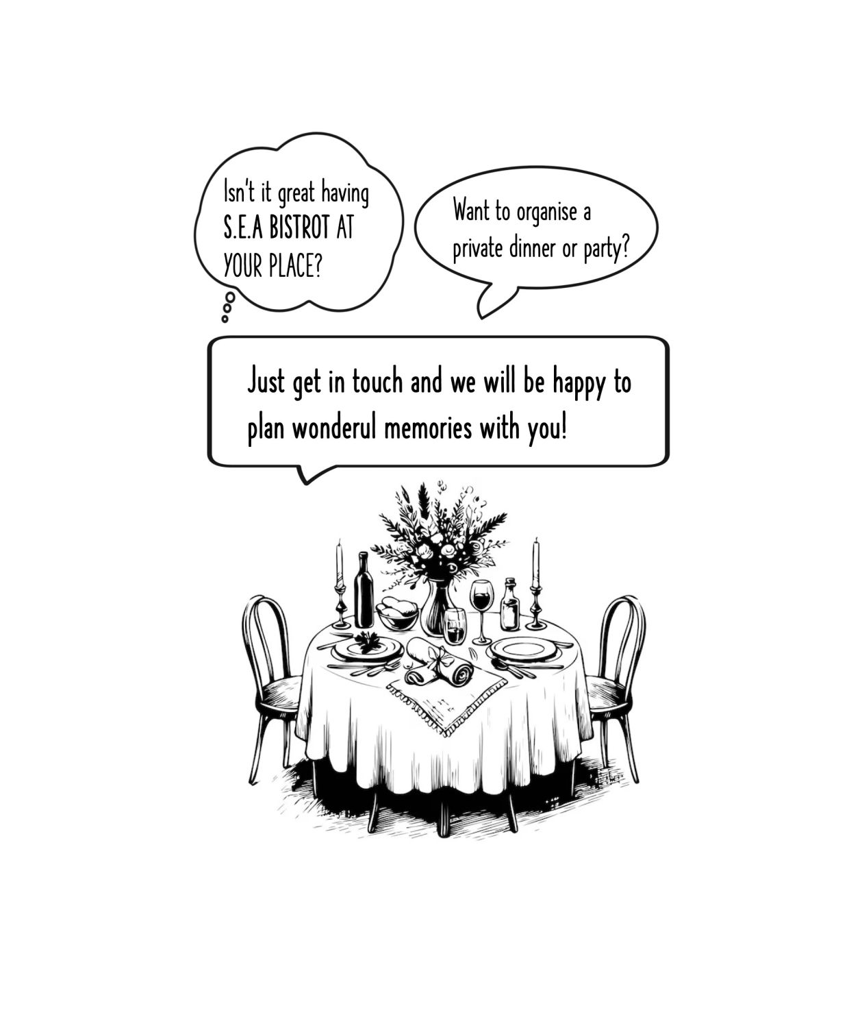 Illustration of a dining table with promoting private dinner or party planning.