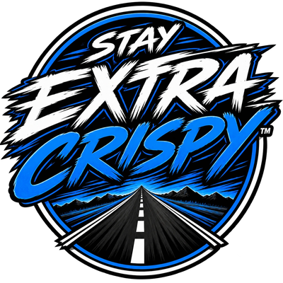 Logo with text 'Stay Extra Crispy' and road illustration.