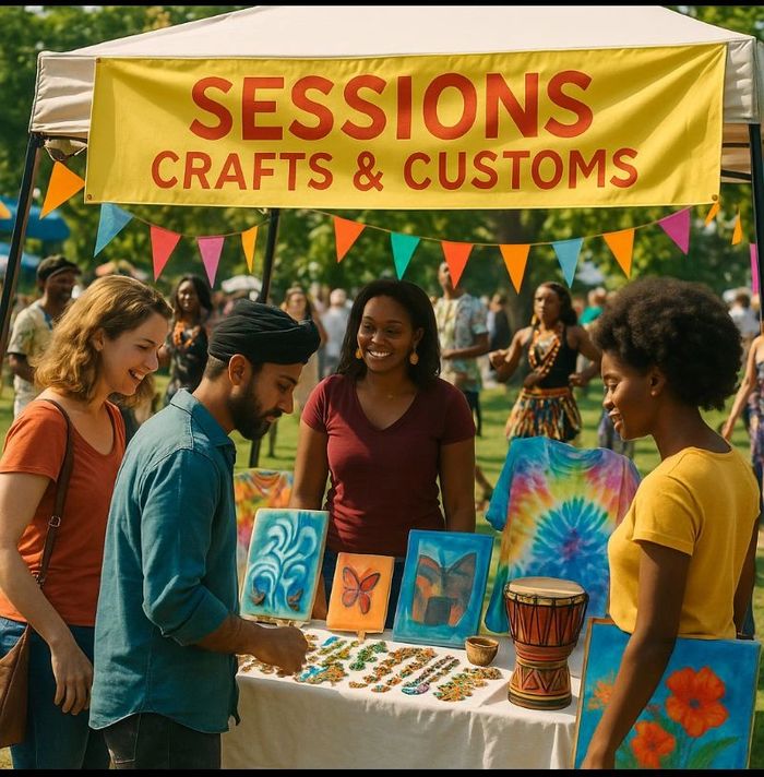 People enjoying a vibrant crafts market under a colorful banner.