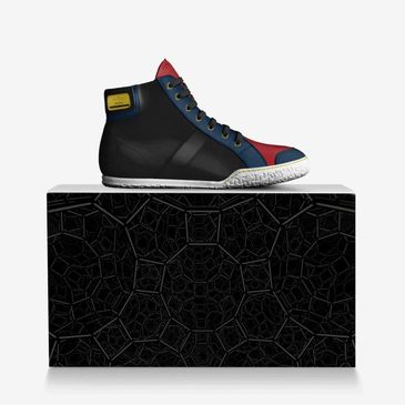 Fashionable high-top sneaker with a multicolor design on a black textured pedestal.