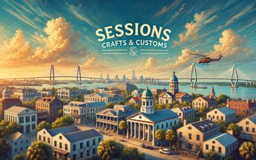 A scenic cityscape with a bridge, helicopter, and 'Sessions Crafts &amp; Customs' text.