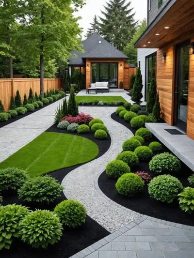 Modern landscaped backyard with curved gravel path and manicured bushes.