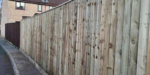 New wooden fence alongside a residential sidewalk on a clear day.