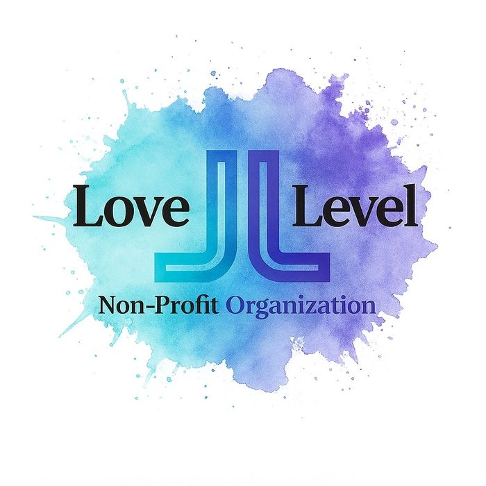 Logo of Love Level, a non-profit organization with a blue and purple watercolor background.