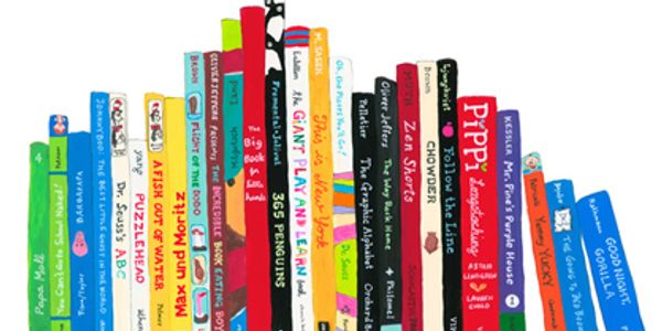 Colorful illustrated spines of children's books arranged side by side.