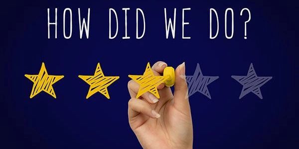A hand marks three out of five stars under the question 'How did we do?'.