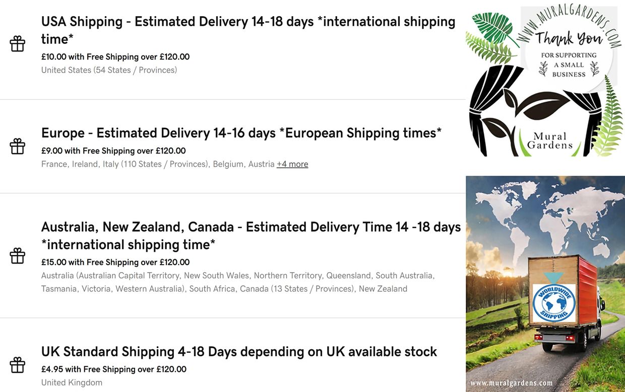 International shipping rates and delivery times for various regions.