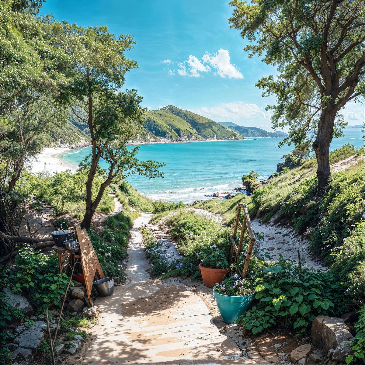 Sandy Beach Path down to Sea Garden Mural Tapestry Backdrop