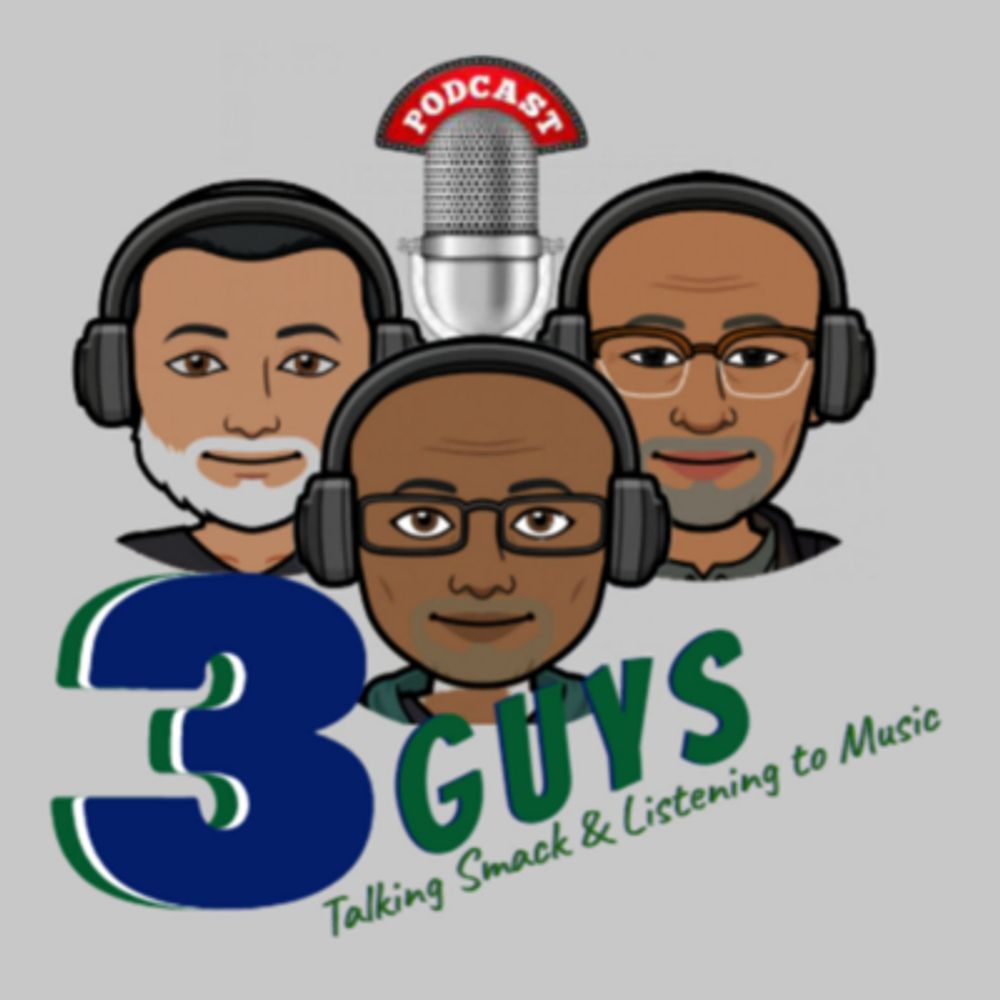 Logo of '3 Guys' podcast featuring three cartoon men with headphones and a microphone.